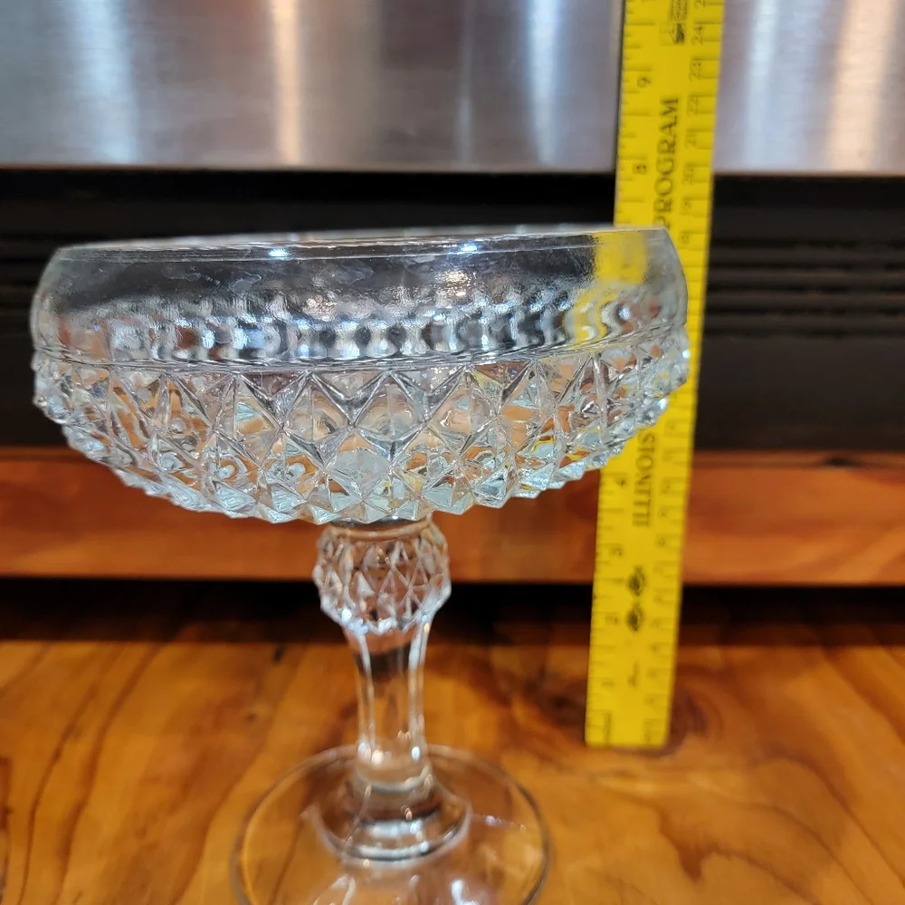 Clear Crystal Pedestal‎ Candy Dish with Diamond Cut Pattern Vintage 1960s